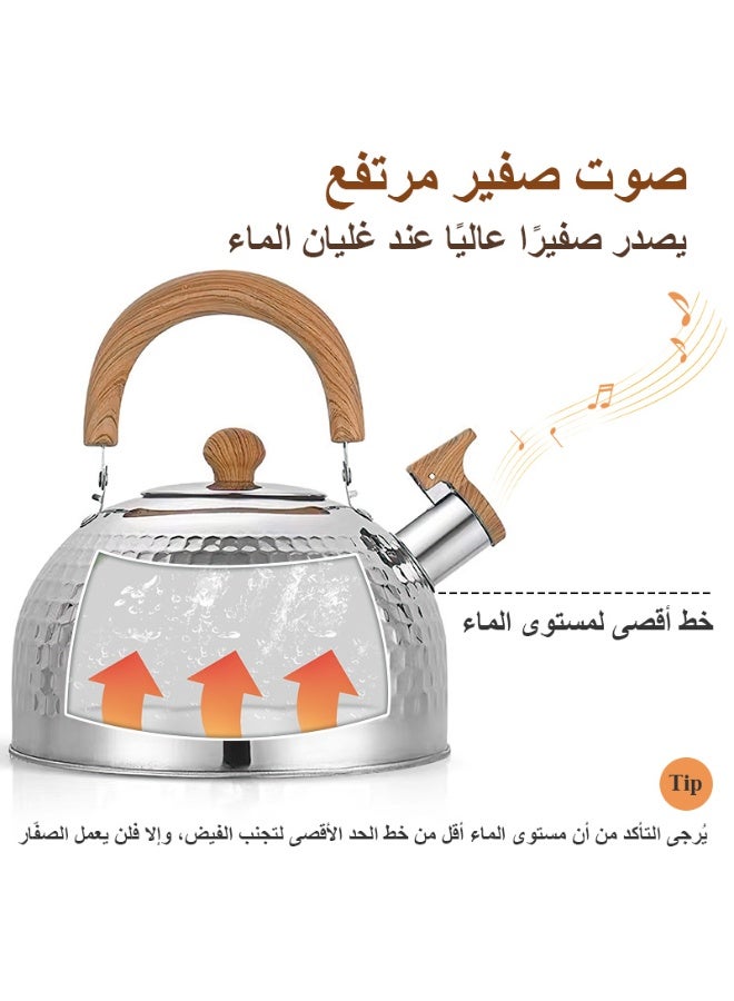 فلوكسهوم إبريق شاي بصفّارة يعمل على الموقد، مزوّد بمقبض مقاوم للحرارة، مصنوع من الستانلس ستيل المخصّص للطعام، مناسب للقهوة والشاي، سعة 3000 مل - Image 2